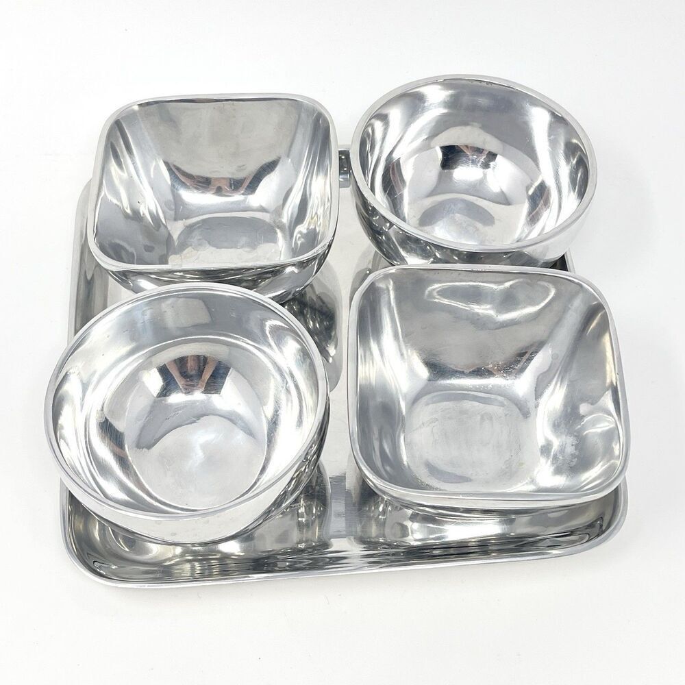 Pottery Barn Barona Condiment Snack Tray Bowls Square Silver Aluminum Party Set - Picture 1 of 5